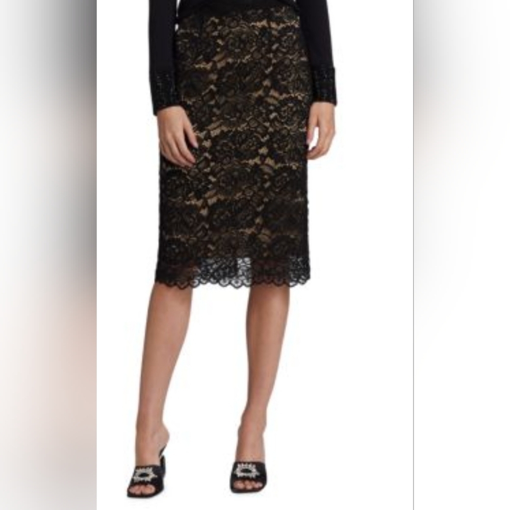 5-7-9 Black Lace Stretch Pencil Midi Skirt SzM (#1648)